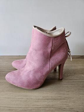 Pink Suede High-Heel Ankle Boots Pointy Toe Bows